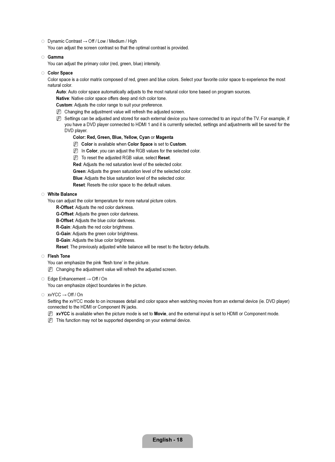 Samsung Series L8 user manual Dynamic Contrast → Off / Low / Medium / High, Gamma, Color Space, White Balance, Flesh Tone 