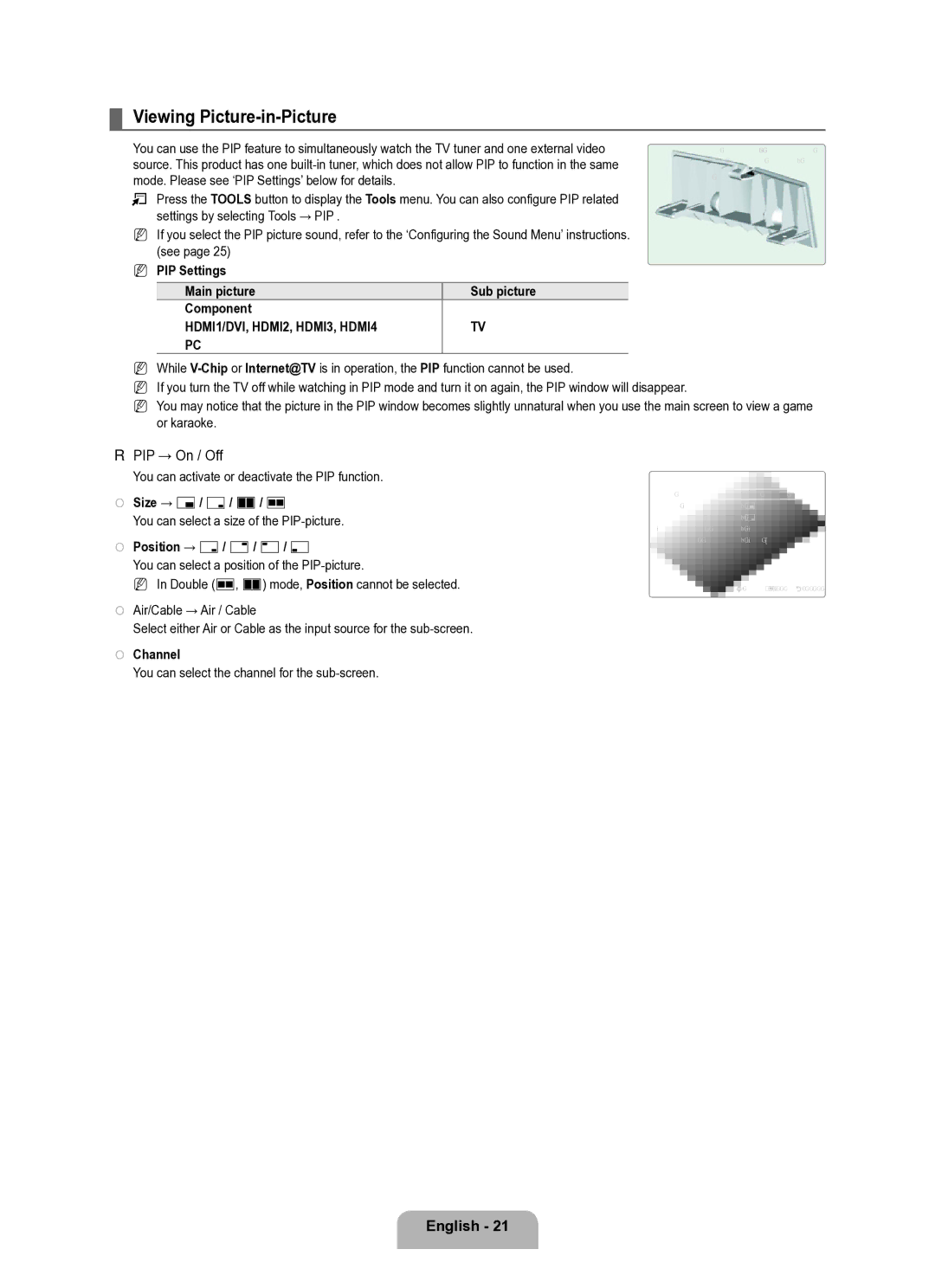 Samsung Series L8 user manual Viewing Picture-in-Picture, PIP → On / Off, HDMI1/DVI, HDMI2, HDMI3, HDMI4 