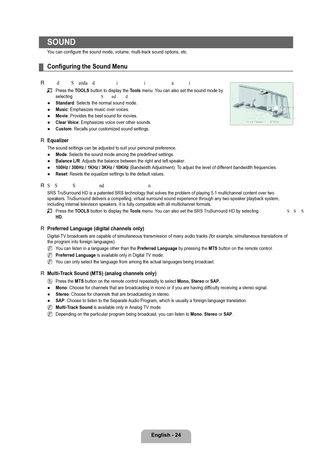 Samsung Series L8 user manual Configuring the Sound Menu 