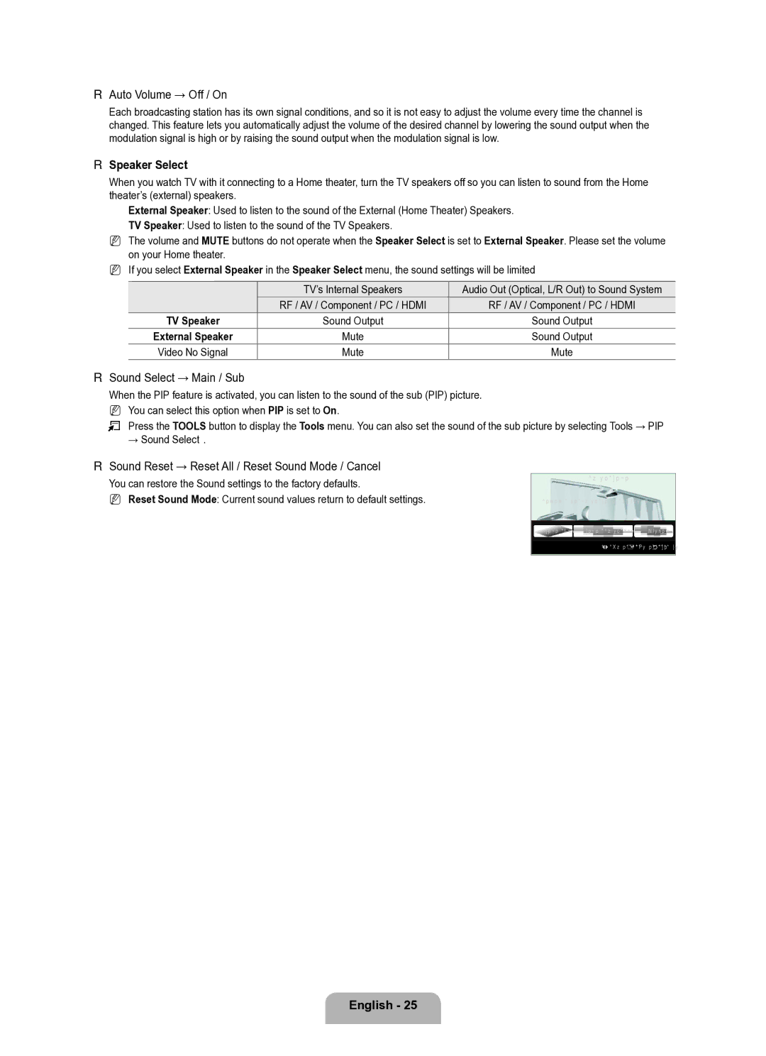 Samsung Series L8 user manual Auto Volume → Off / On, Speaker Select, Sound Select → Main / Sub, → Sound Select 