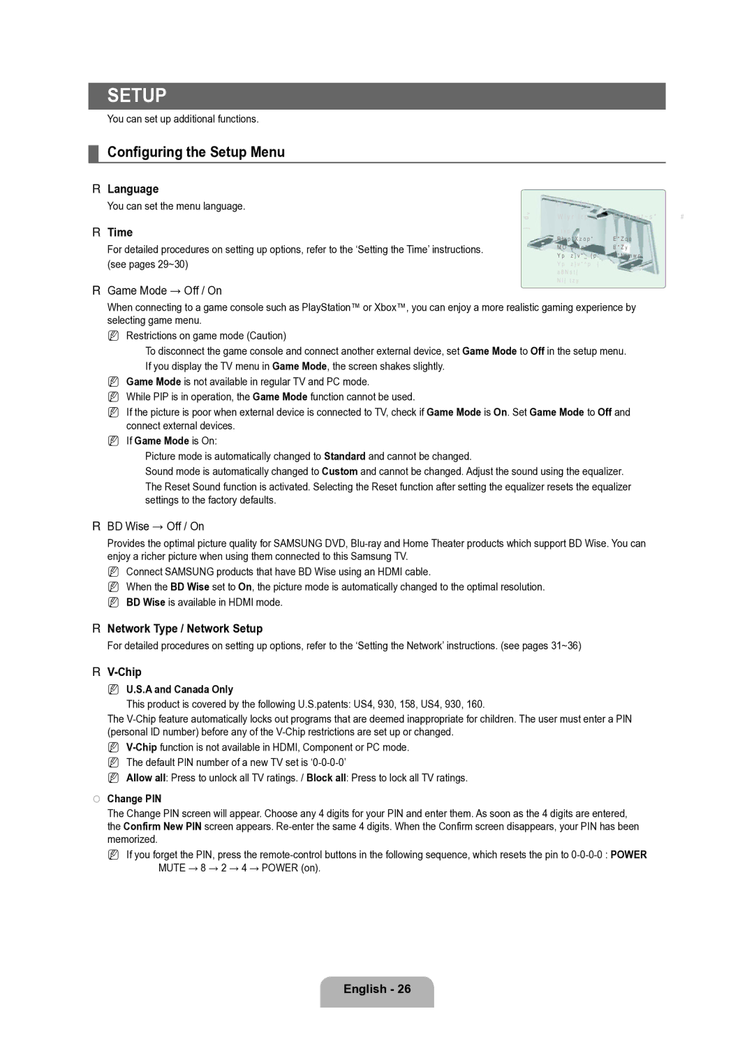 Samsung Series L8 user manual Configuring the Setup Menu 