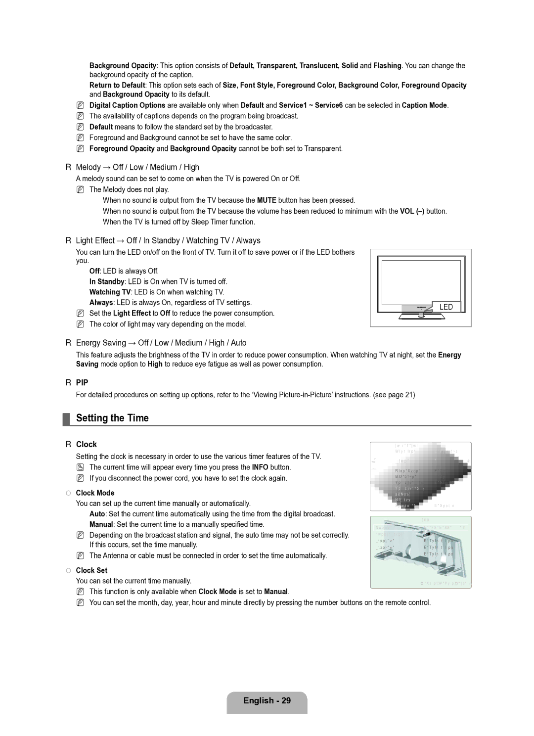 Samsung Series L8 Setting the Time, Melody → Off / Low / Medium / High, Energy Saving → Off / Low / Medium / High / Auto 