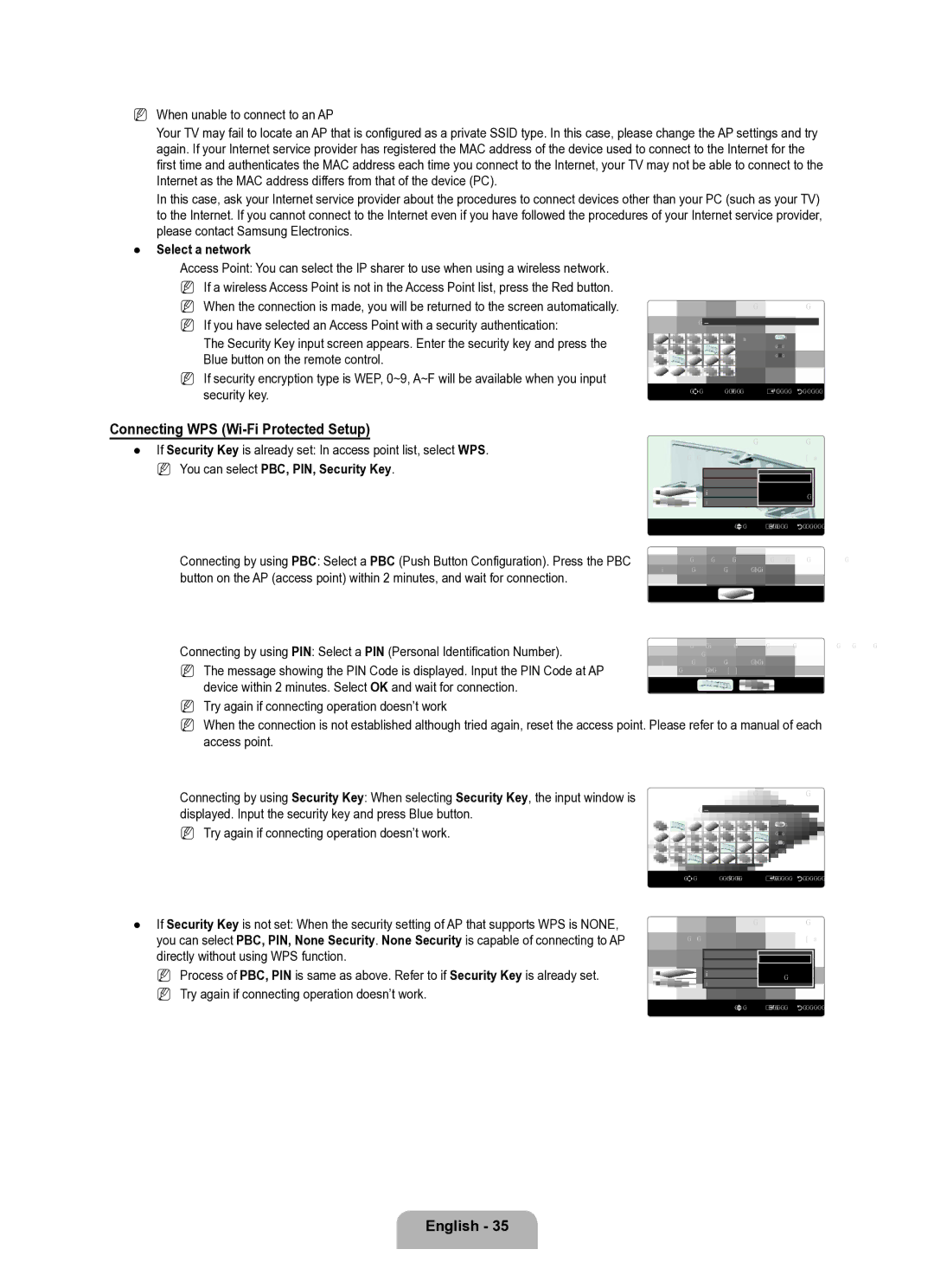 Samsung Series L8 user manual Connecting WPS Wi-Fi Protected Setup, When unable to connect to an AP, Select a network 