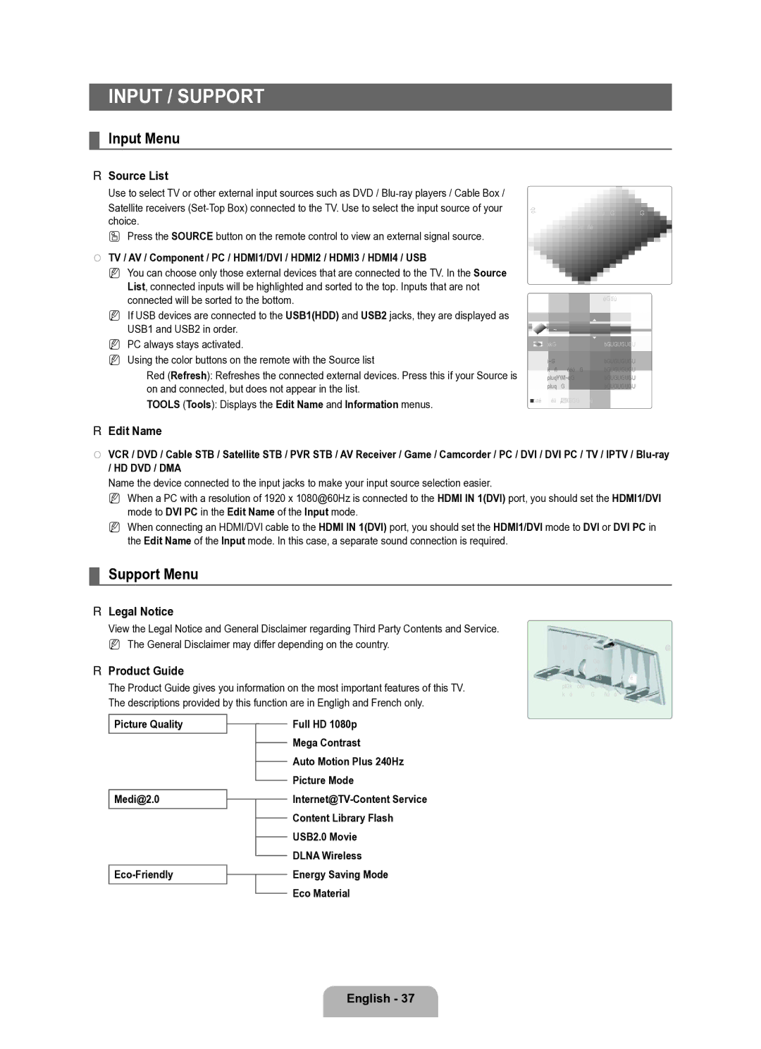 Samsung Series L8 user manual Input / Support, Input Menu, Support Menu 