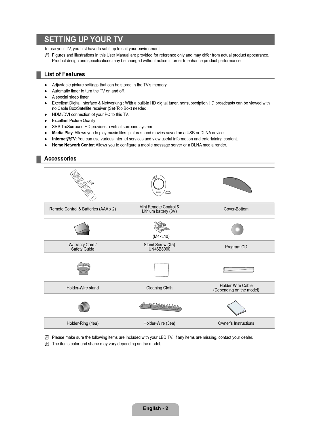 Samsung Series L8 user manual List of Features, Accessories, M4xL10, Holder-Wire stand Cleaning Cloth 