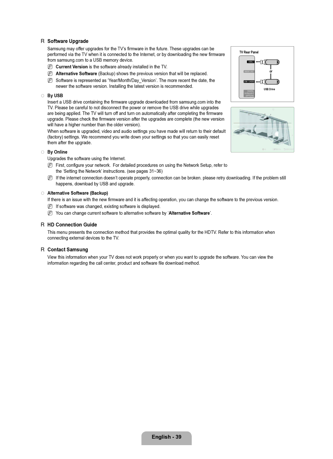 Samsung Series L8 user manual Software Upgrade, HD Connection Guide, Contact Samsung 