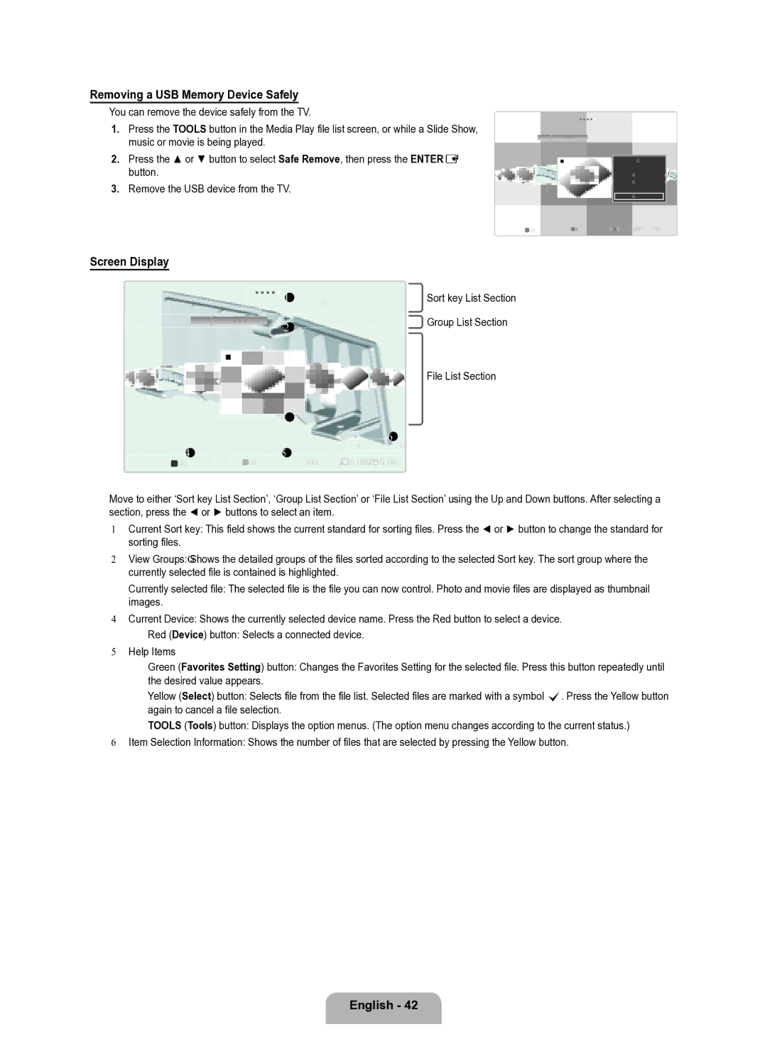 Samsung Series L8 user manual Removing a USB Memory Device Safely, Screen Display, Sort key List Section Group List Section 