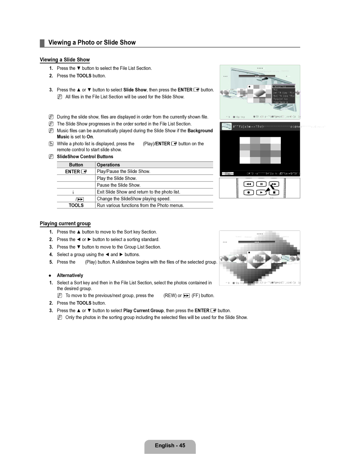 Samsung Series L8 user manual Viewing a Photo or Slide Show, Viewing a Slide Show, Playing current group 