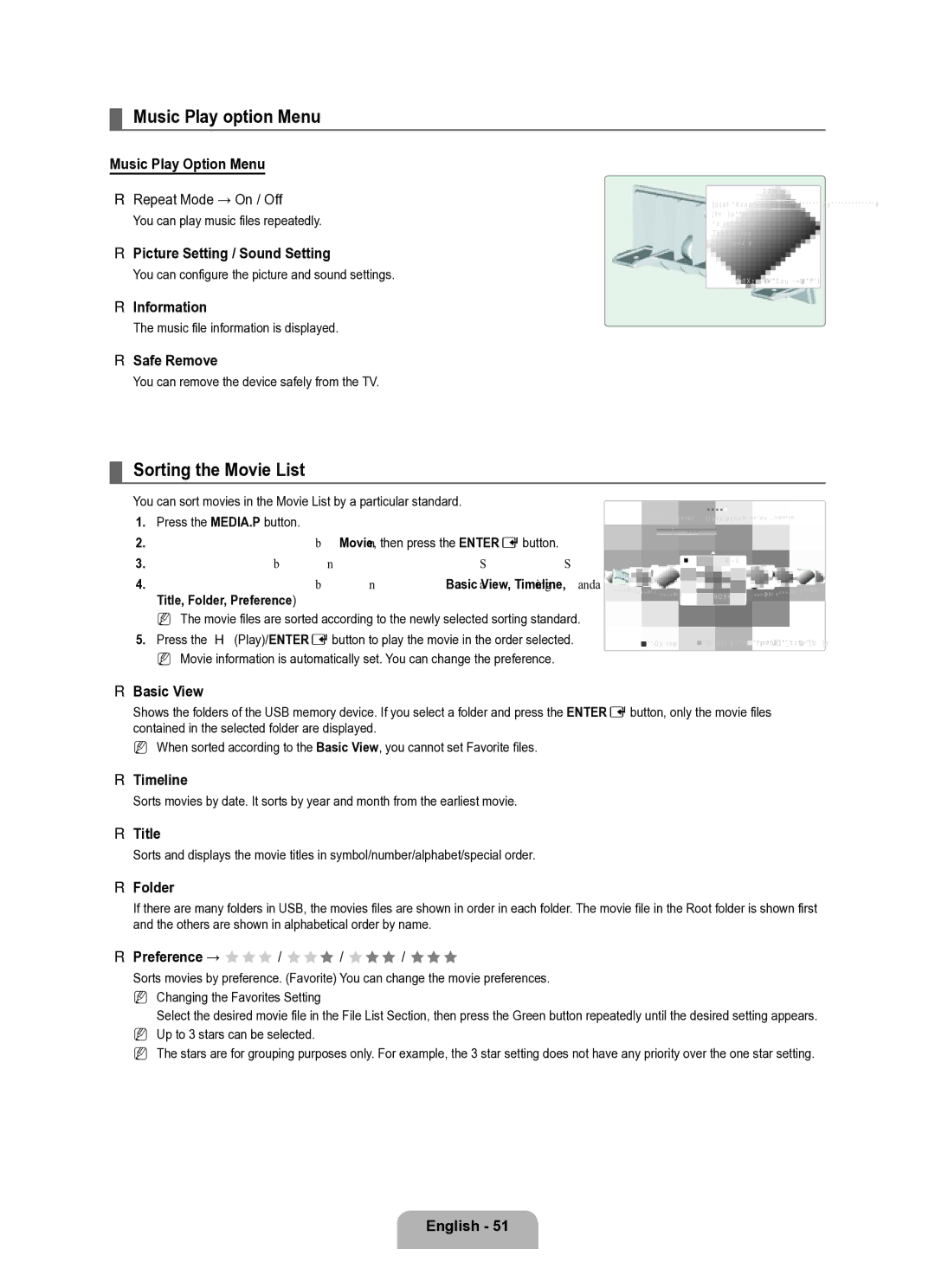 Samsung Series L8 user manual Music Play option Menu, Sorting the Movie List, Music Play Option Menu Repeat Mode → On / Off 