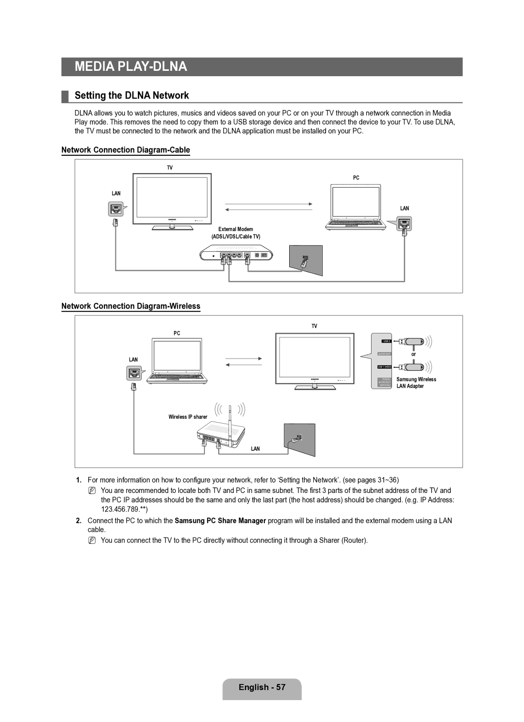 Samsung Series L8 Setting the Dlna Network, Network Connection Diagram-Cable, Network Connection Diagram-Wireless 