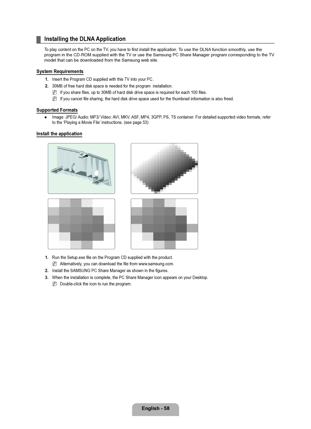 Samsung Series L8 Installing the Dlna Application, System Requirements, Supported Formats, Install the application 