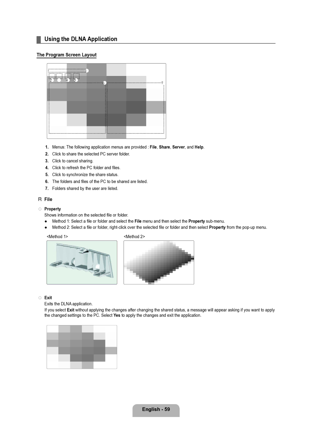 Samsung Series L8 user manual Using the Dlna Application, Program Screen Layout, File, Property, Exit 