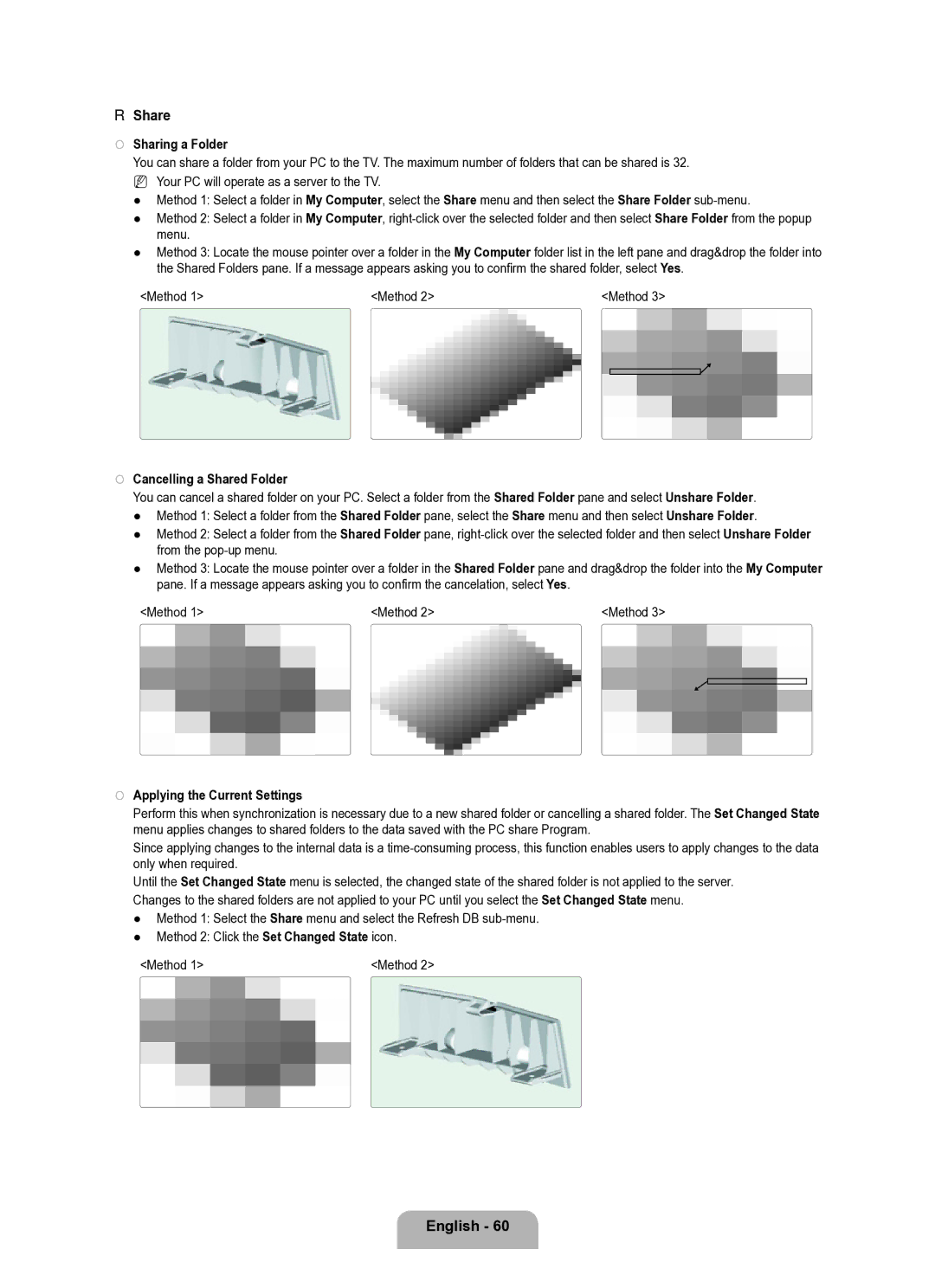 Samsung Series L8 user manual Sharing a Folder, Method, Cancelling a Shared Folder, Applying the Current Settings 