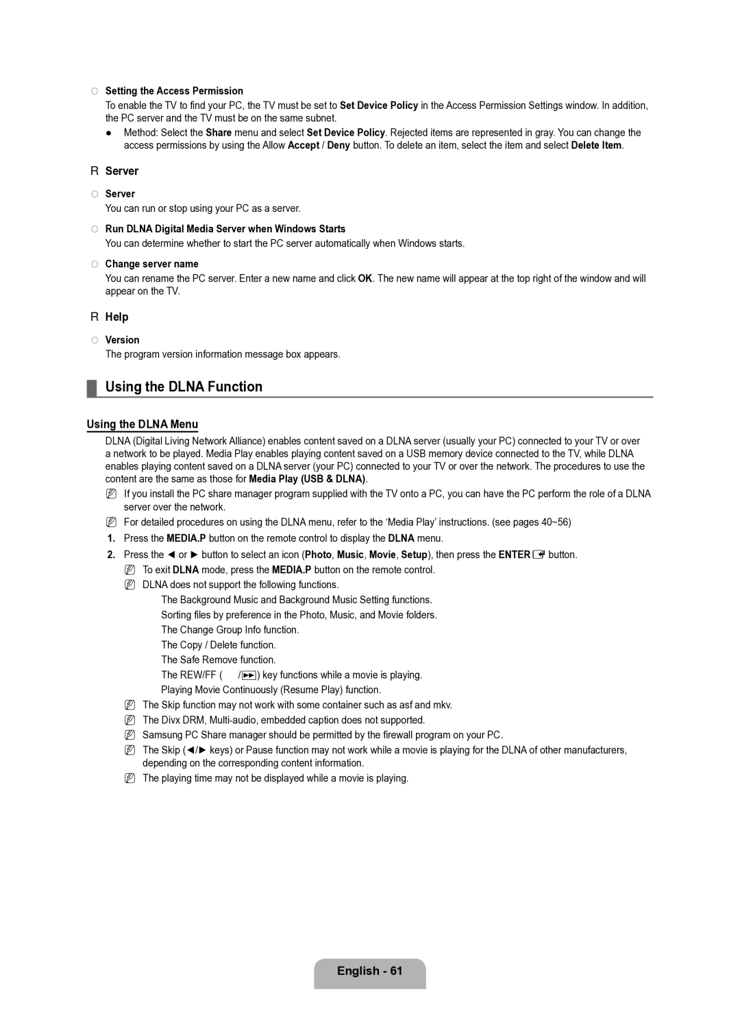 Samsung Series L8 user manual Using the Dlna Function, Server, Help, Using the Dlna Menu 