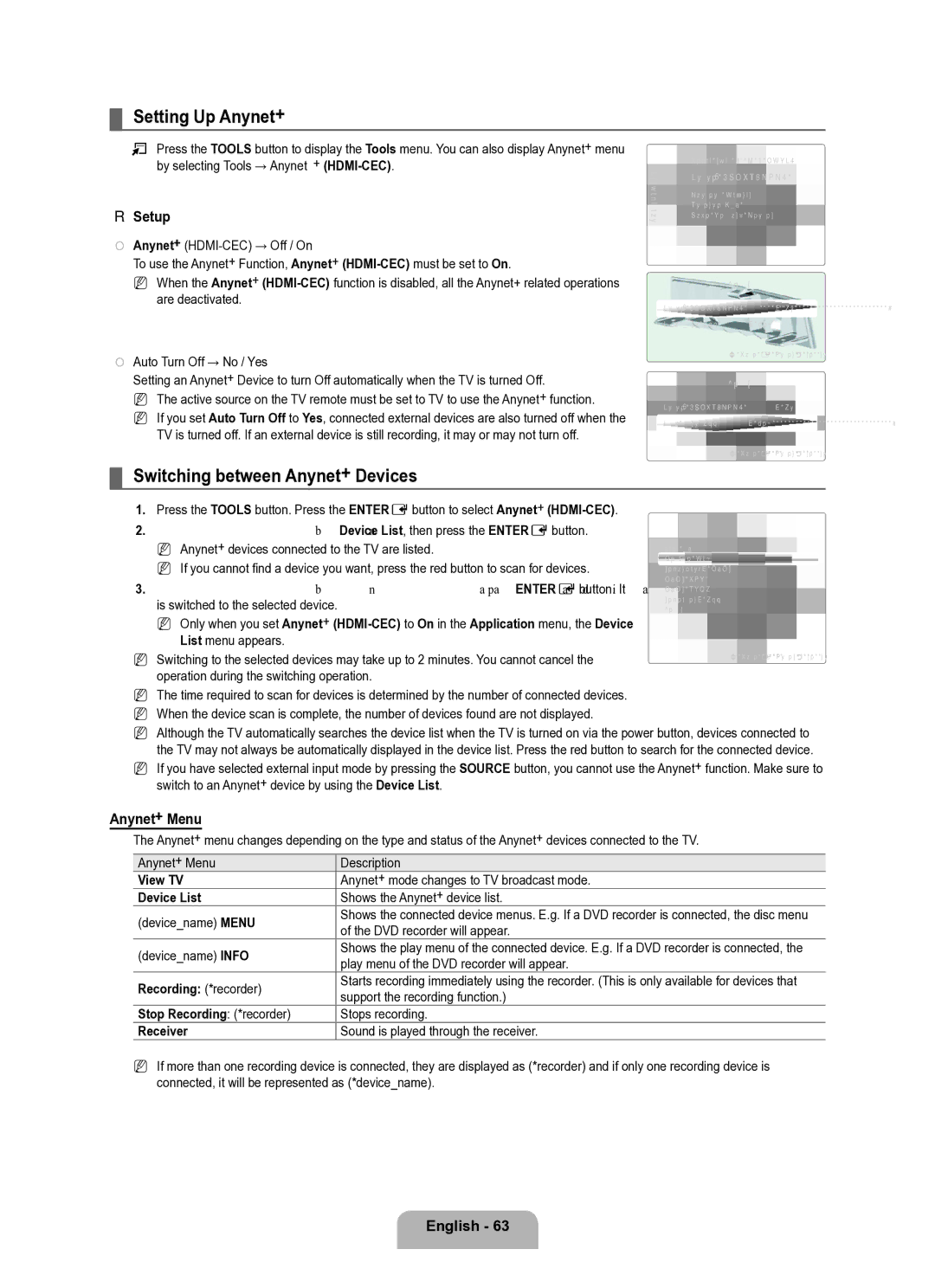 Samsung Series L8 user manual Setting Up Anynet+, Switching between Anynet+ Devices, Setup, Anynet+ Menu 