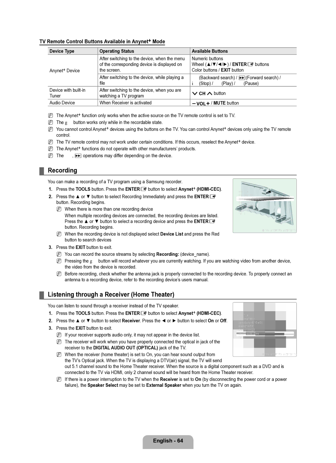 Samsung Series L8 Recording, Listening through a Receiver Home Theater, Device Type Operating Status Available Buttons 