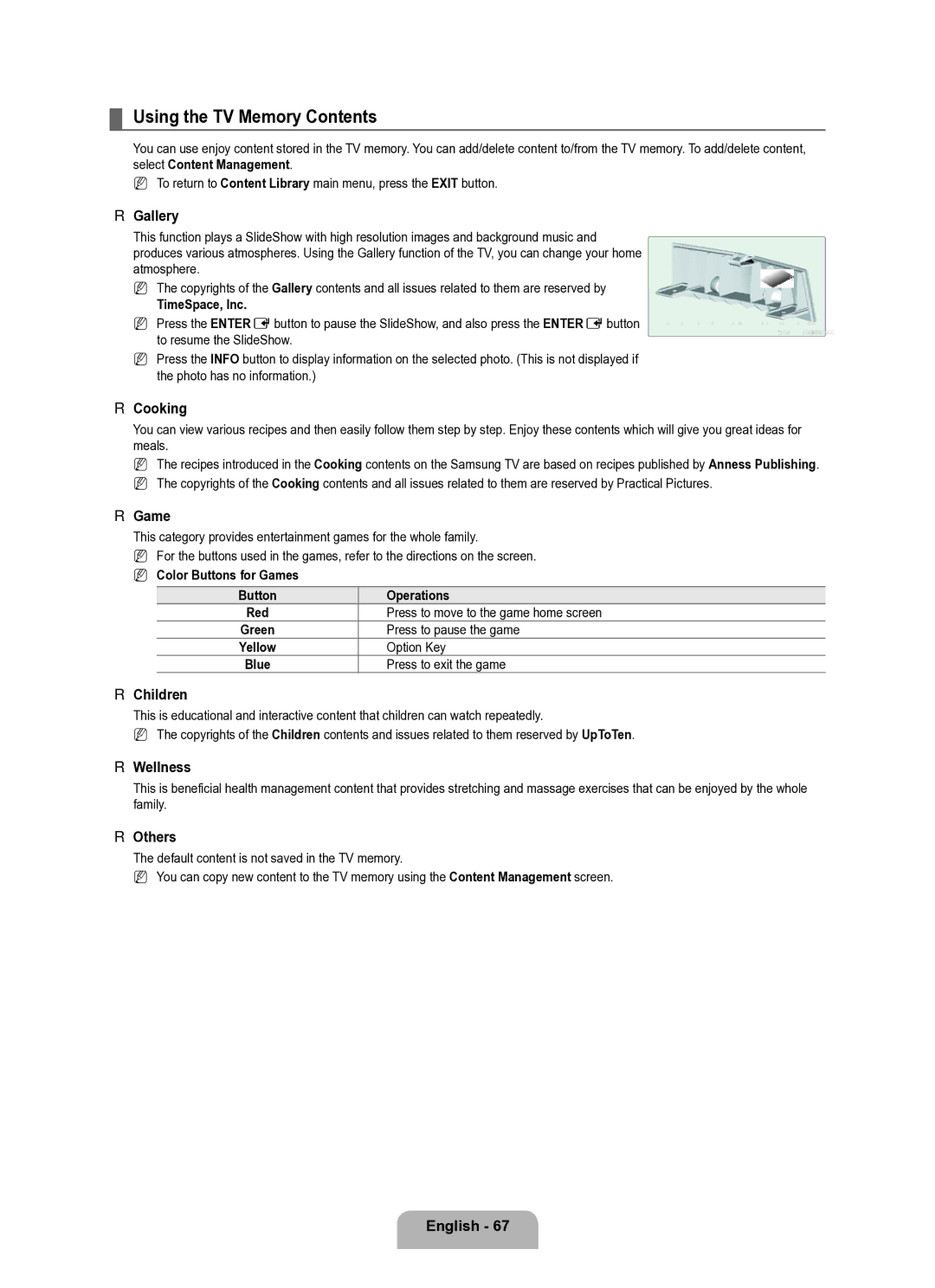 Samsung Series L8 user manual Using the TV Memory Contents 