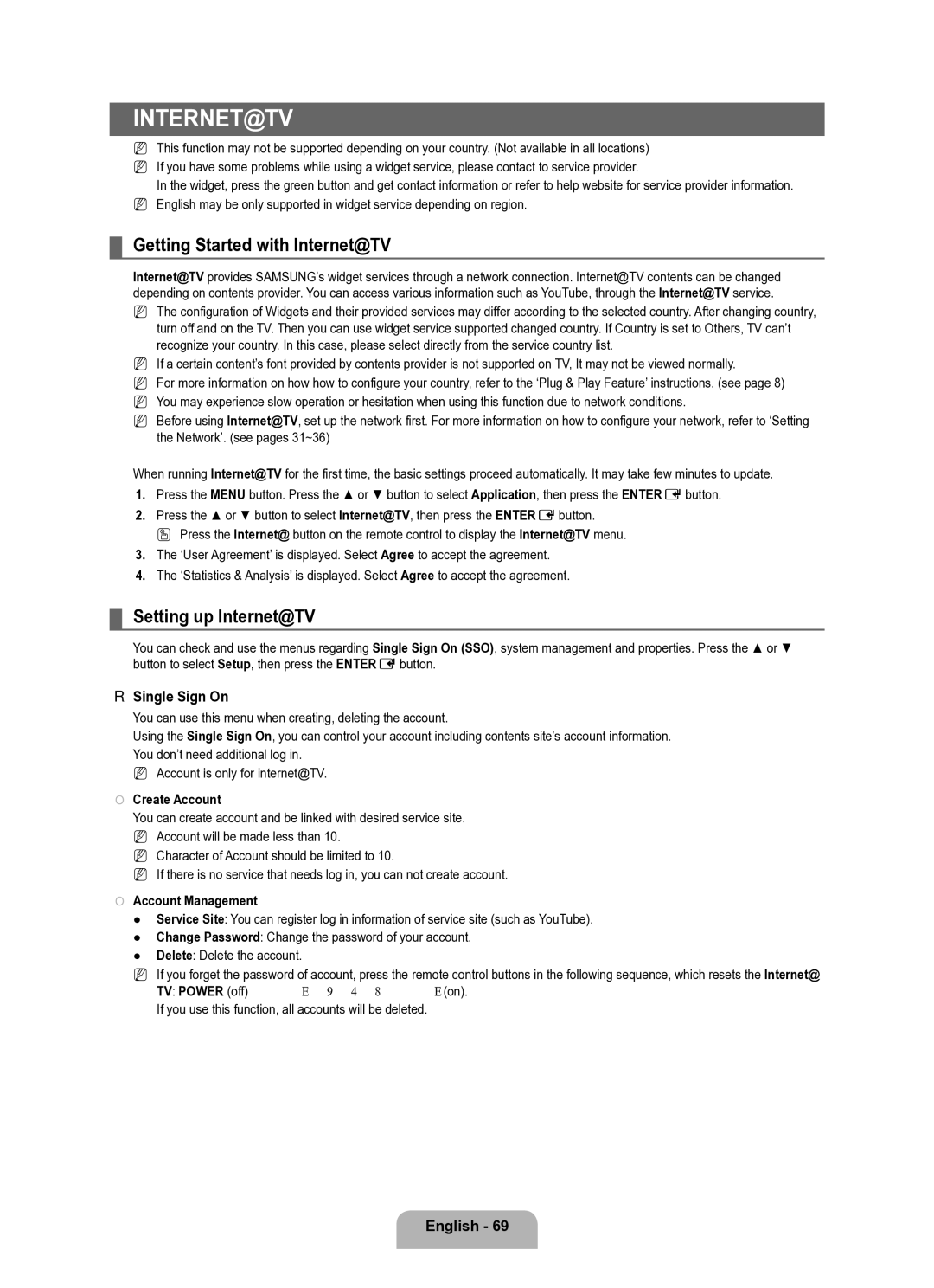 Samsung Series L8 user manual Getting Started with Internet@TV, Setting up Internet@TV, Single Sign On, Create Account 