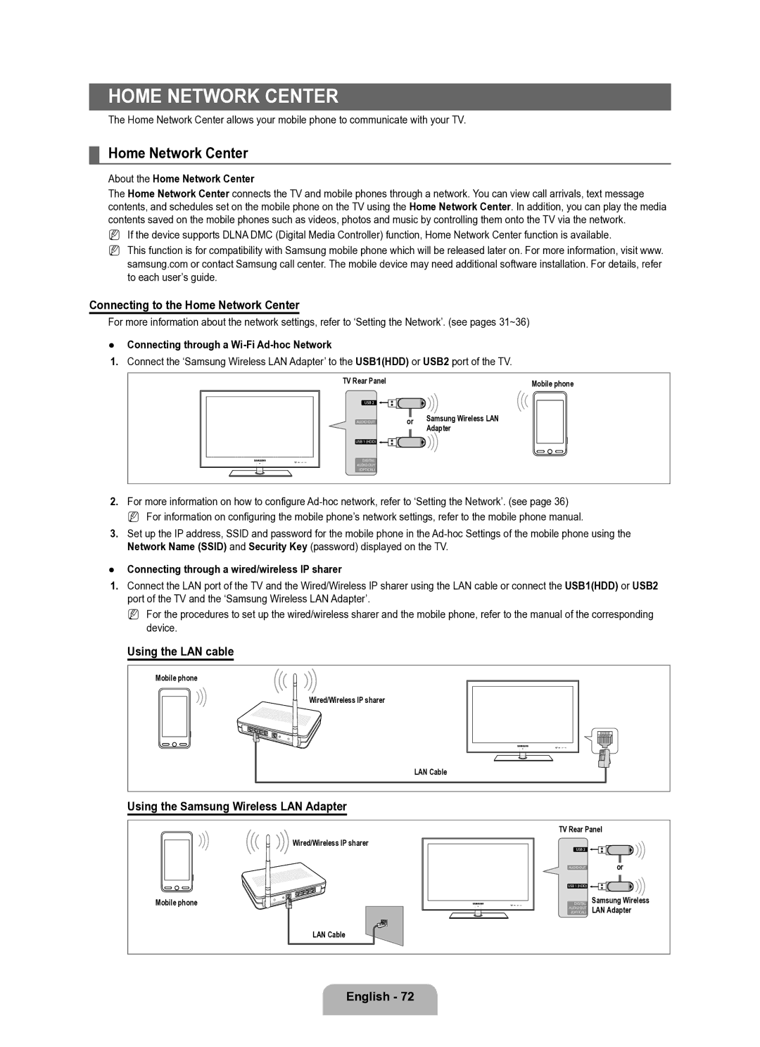 Samsung Series L8 Connecting to the Home Network Center, Using the LAN cable, Using the Samsung Wireless LAN Adapter 