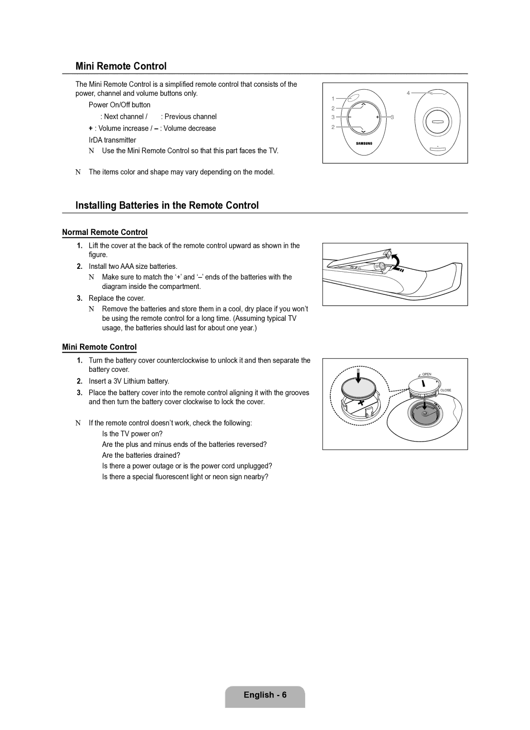 Samsung Series L8 user manual Mini Remote Control, Installing Batteries in the Remote Control, Normal Remote Control 