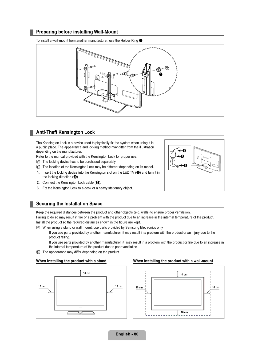 Samsung Series L8 Preparing before installing Wall-Mount, Anti-Theft Kensington Lock, Securing the Installation Space 