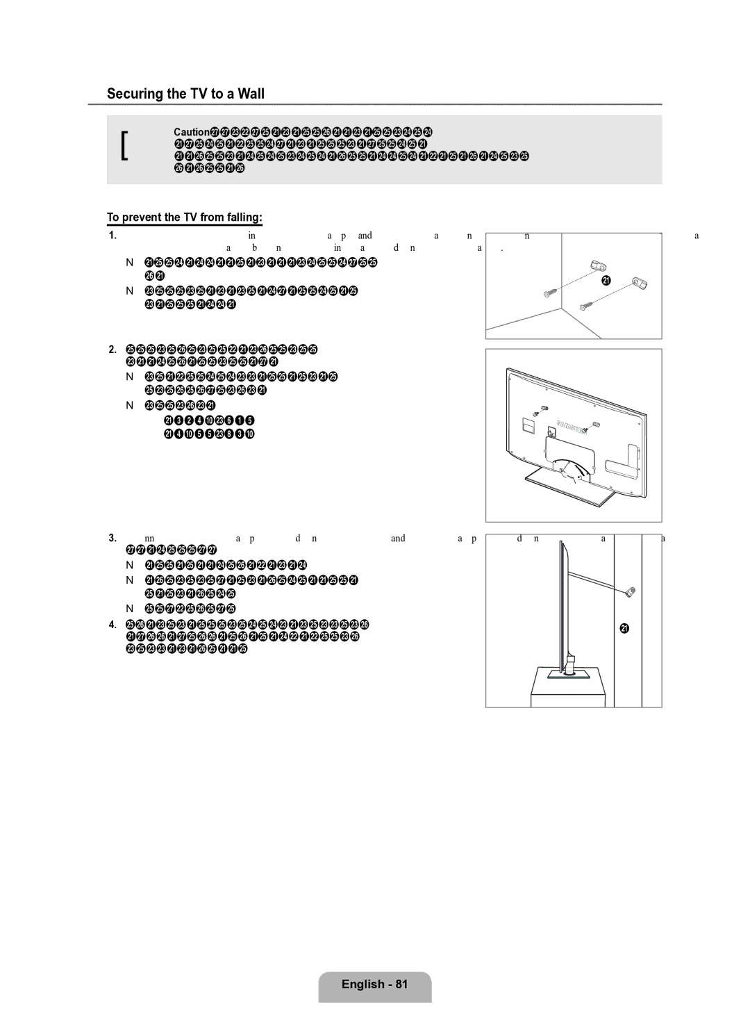 Samsung Series L8 user manual Securing the TV to a Wall, To prevent the TV from falling 