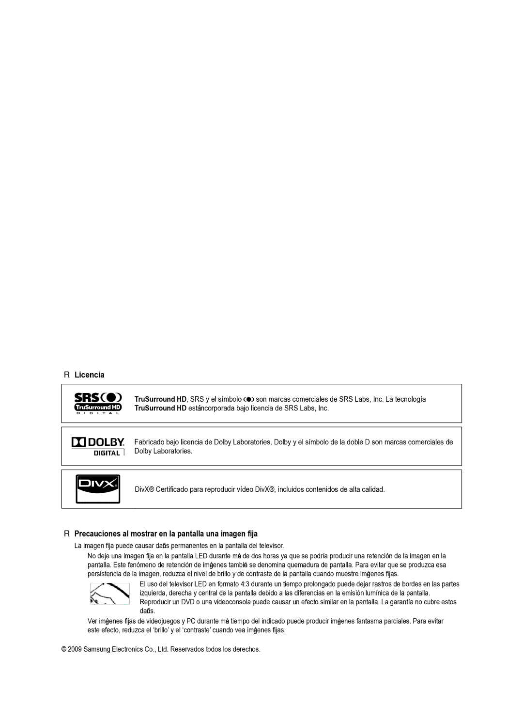 Samsung Series L8 user manual Licencia, Precauciones al mostrar en la pantalla una imagen fija 