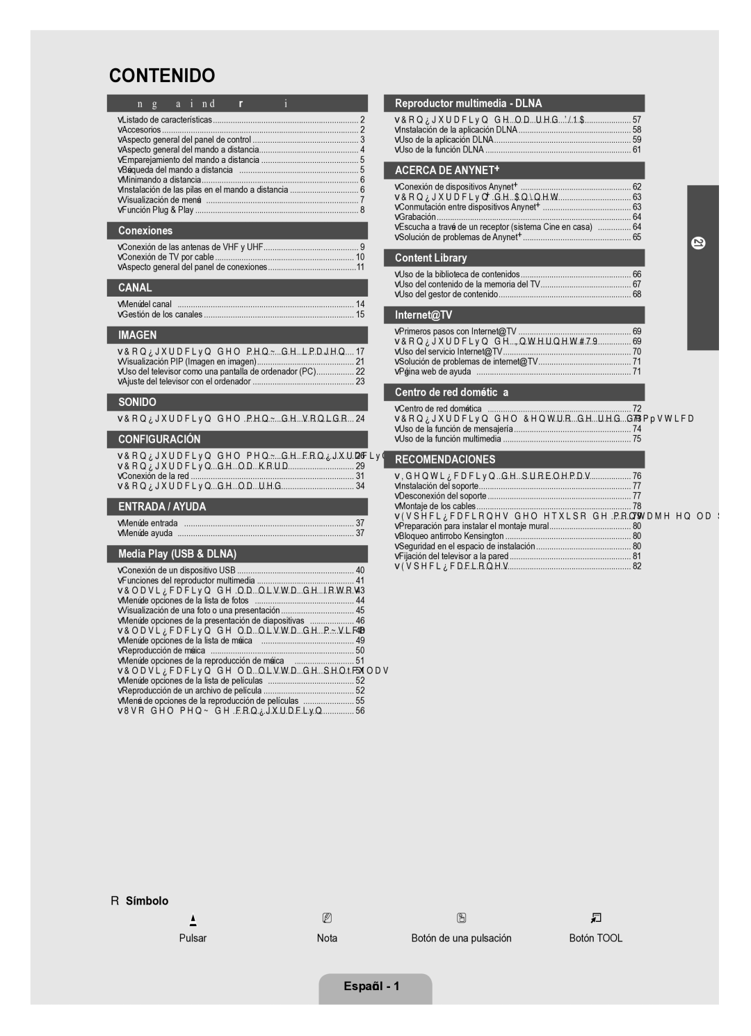 Samsung Series L8 user manual Símbolo, Español , Pulsar 