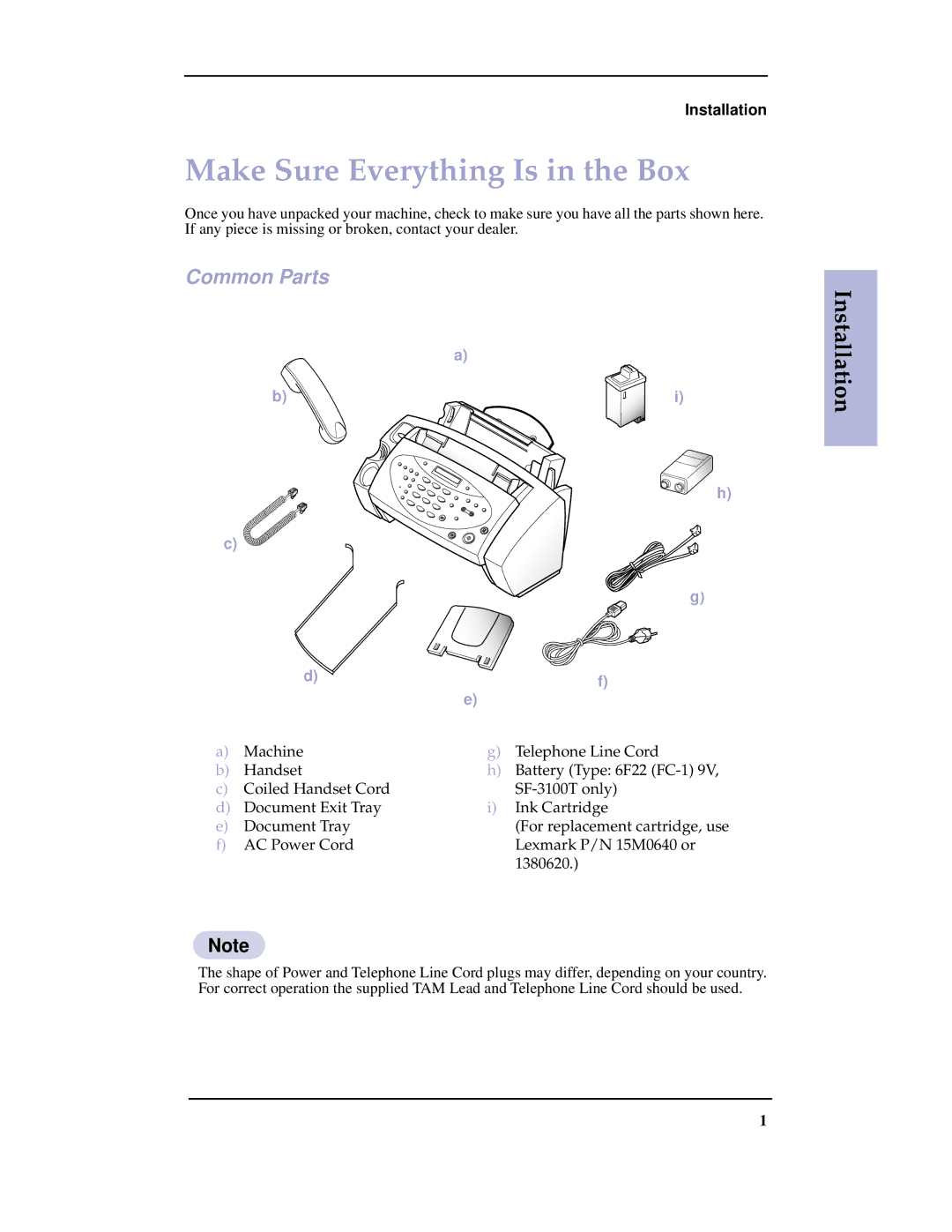 Samsung SF-3100 manual Make Sure Everything Is in the Box, Common Parts 