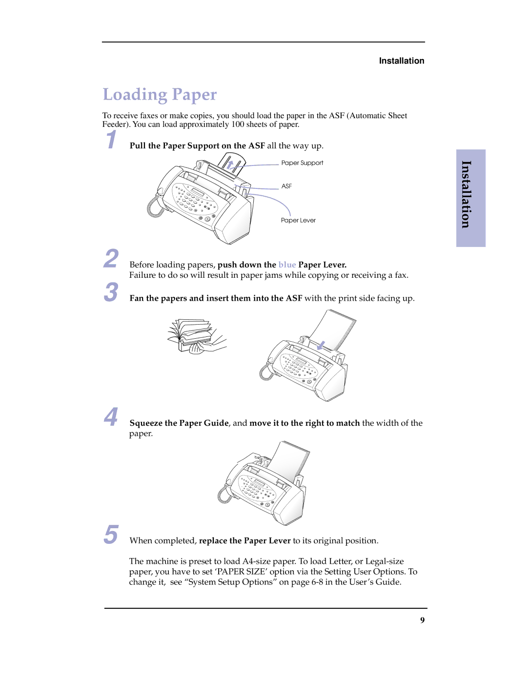 Samsung SF-3100 manual Loading Paper, Pull the Paper Support on the ASF all the way up 