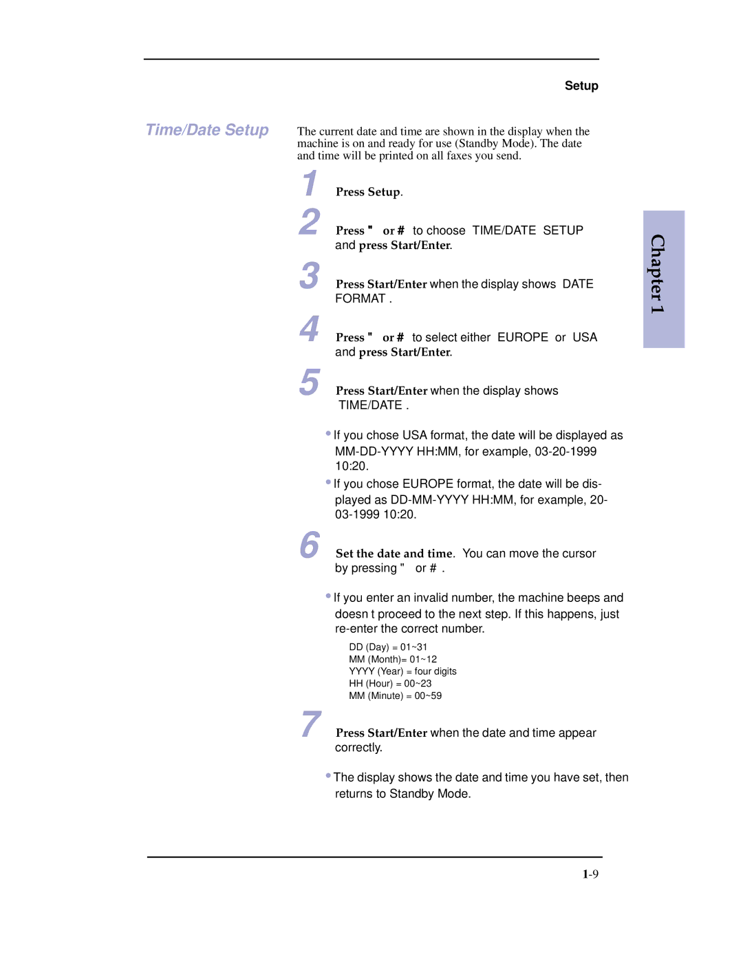 Samsung SF-3100 manual Press Start/Enter when the date and time appear correctly 