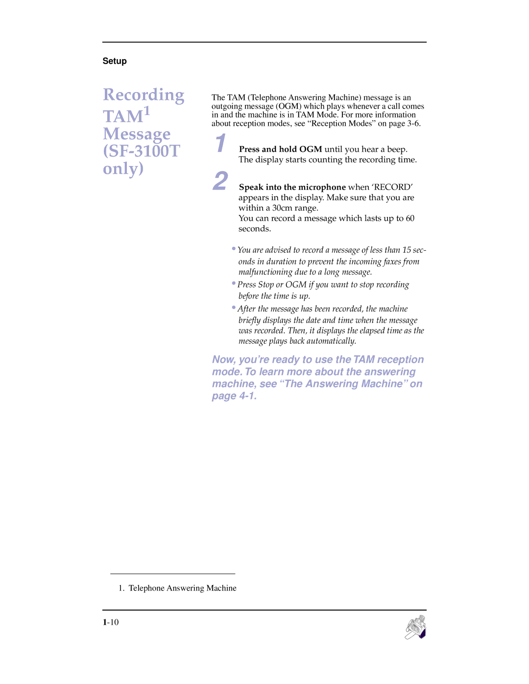 Samsung manual Recording TAM1 Message SF-3100T only 