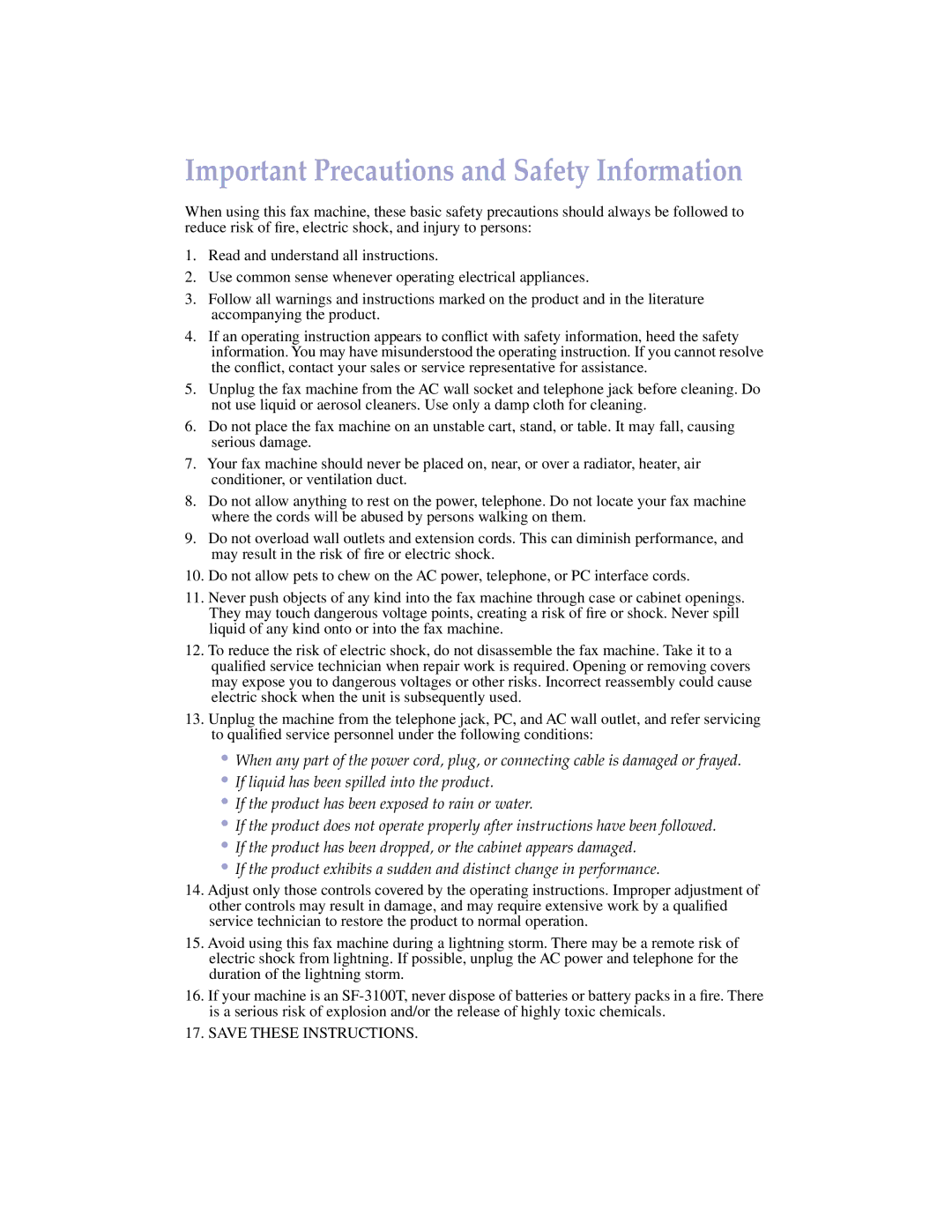 Samsung SF-3100 manual Important Precautions and Safety Information 