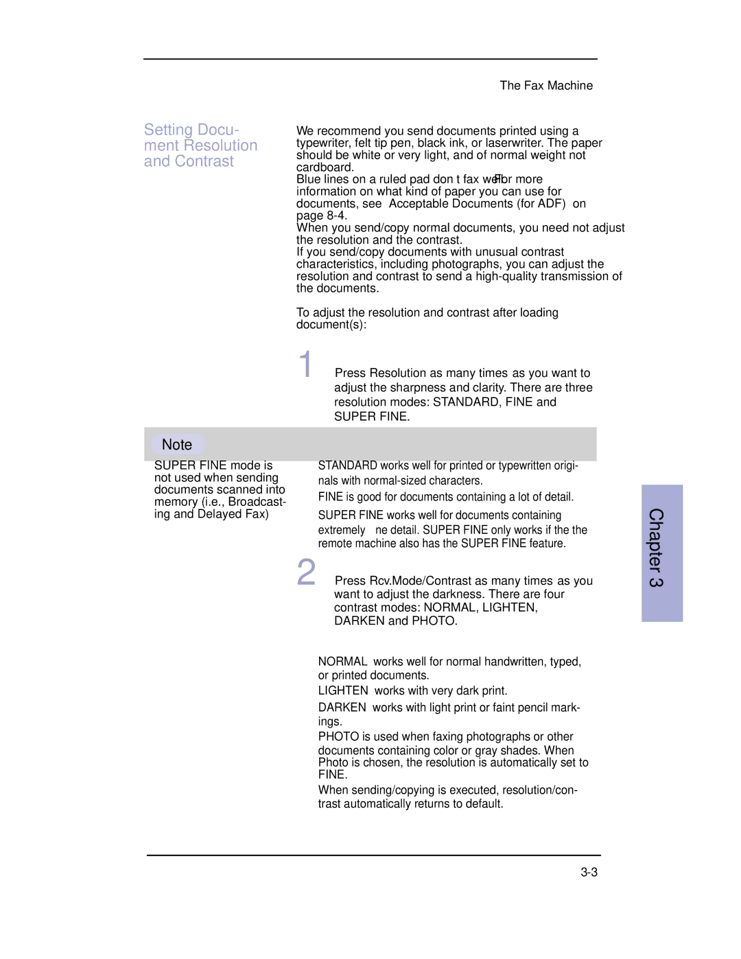 Samsung SF-3100 manual Setting Docu- ment Resolution and Contrast, Super Fine 