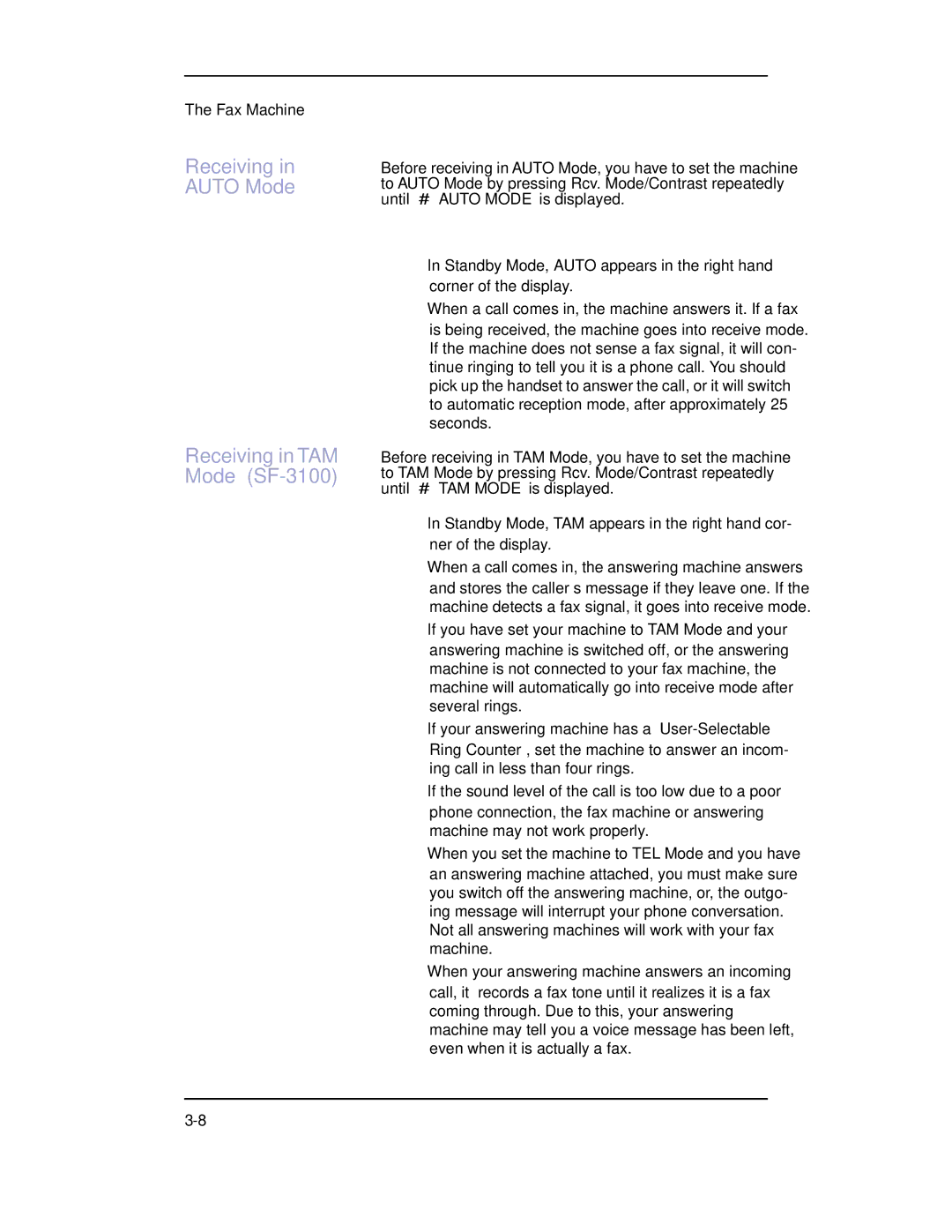 Samsung manual Receiving Auto Mode Receiving in TAM Mode SF-3100 