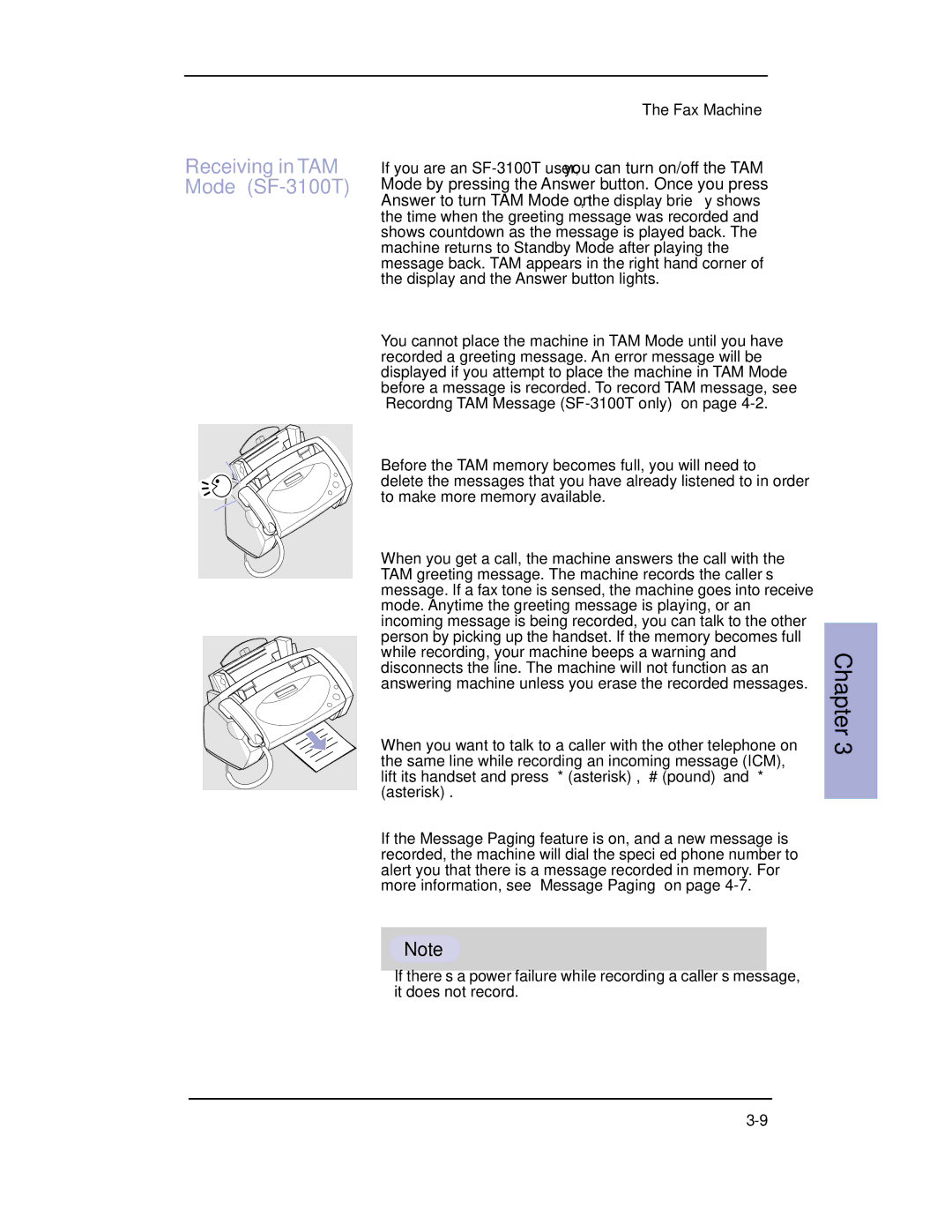 Samsung manual Receiving in TAM Mode SF-3100T 