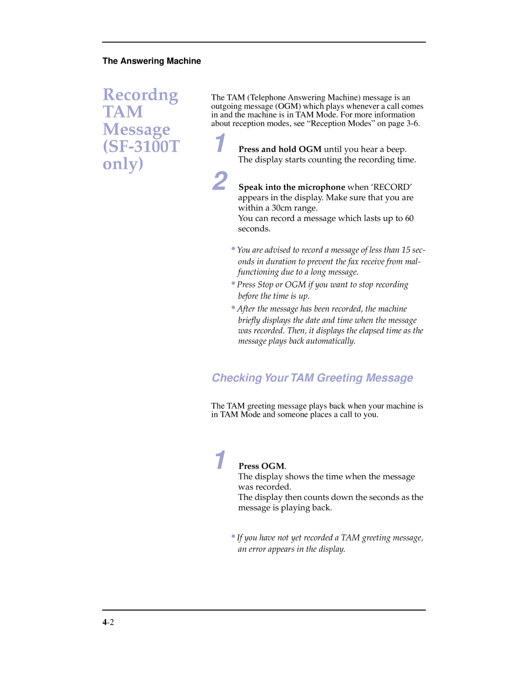 Samsung manual Recordng TAM Message SF-3100T only, Checking Your TAM Greeting Message, Press OGM 