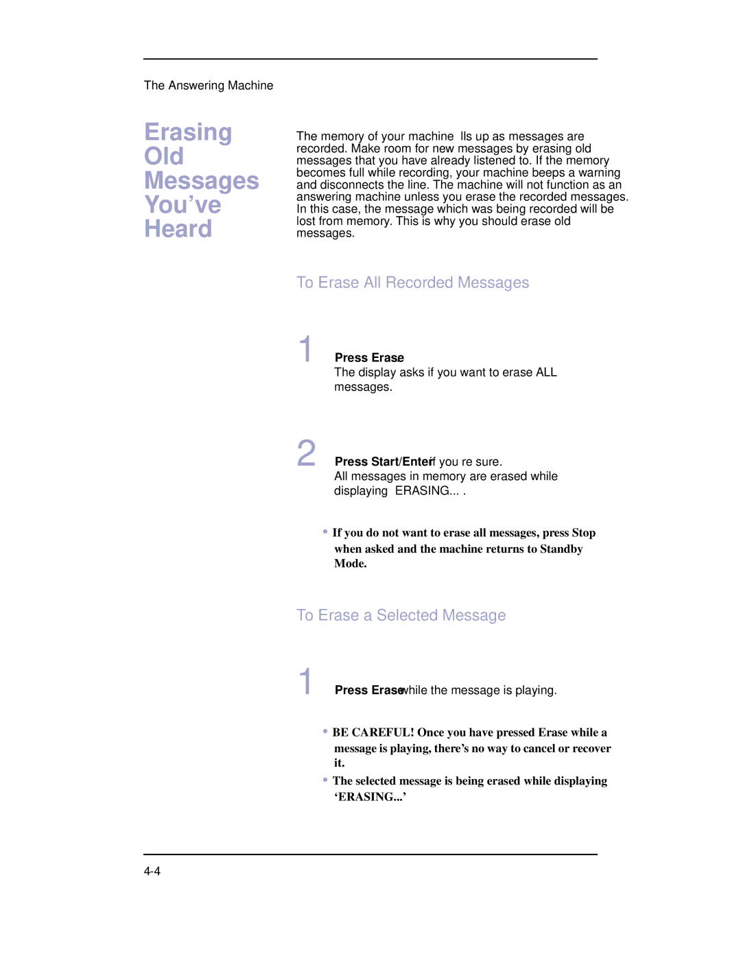 Samsung SF-3100 manual Erasing Old Messages You’ve Heard, To Erase All Recorded Messages, To Erase a Selected Message 