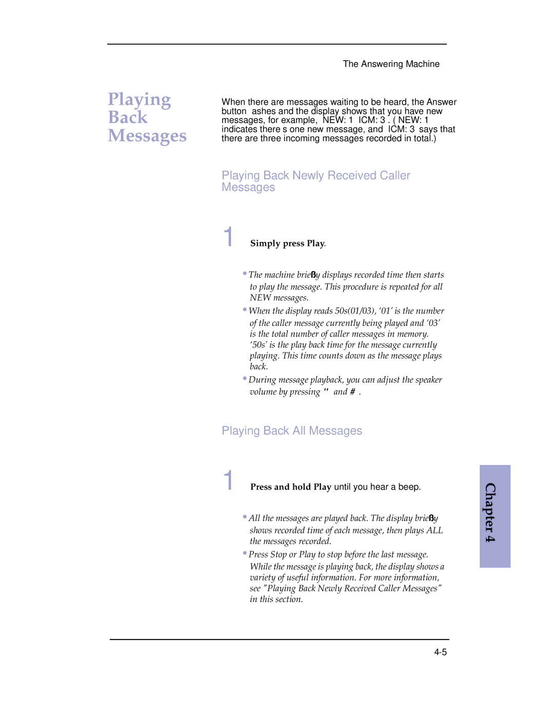 Samsung SF-3100 manual Playing Back Messages, Playing Back Newly Received Caller Messages, Playing Back All Messages 