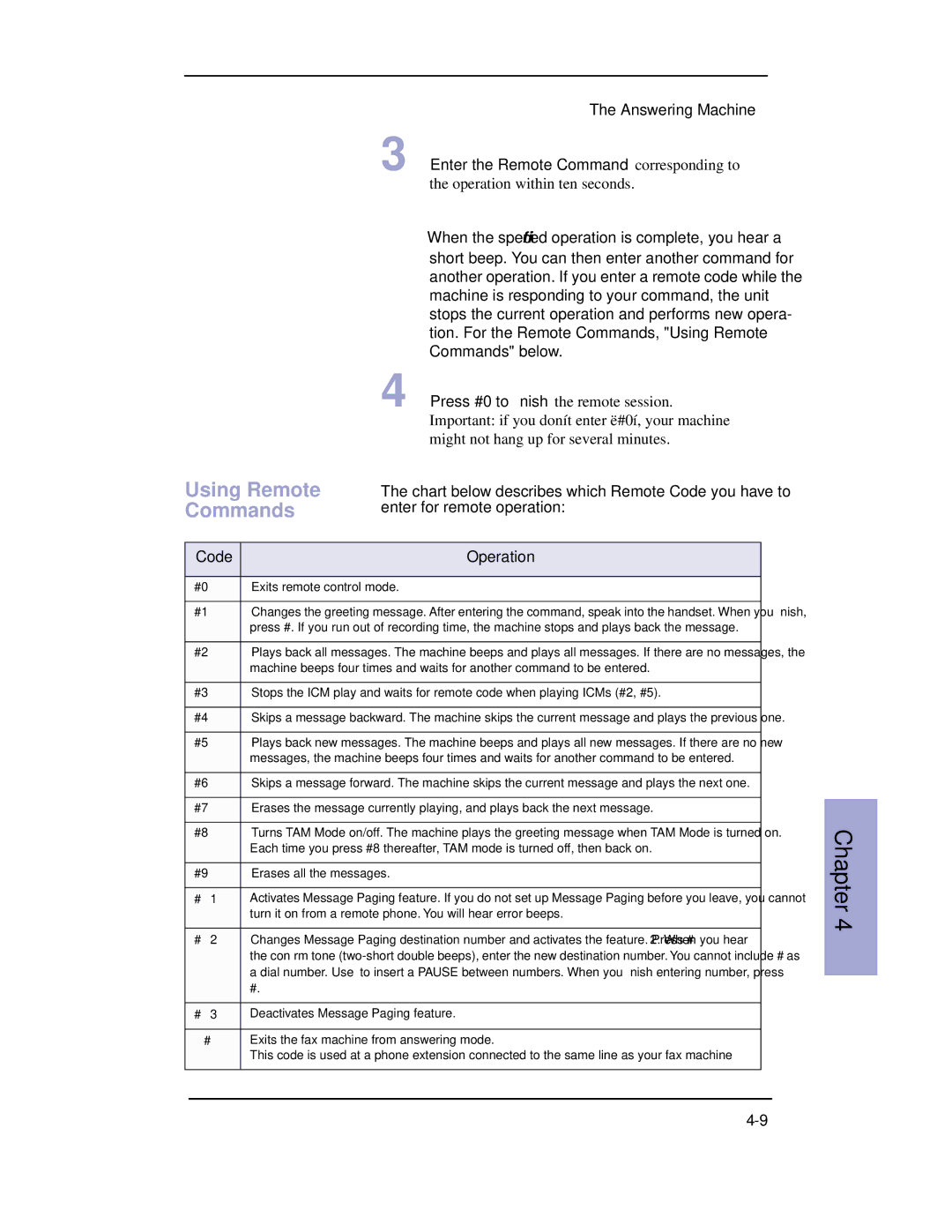 Samsung SF-3100 manual Using Remote Commands, Code Operation 