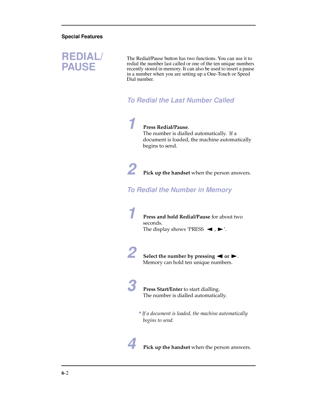 Samsung SF-3100 manual To Redial the Last Number Called, To Redial the Number in Memory, Press Redial/Pause 