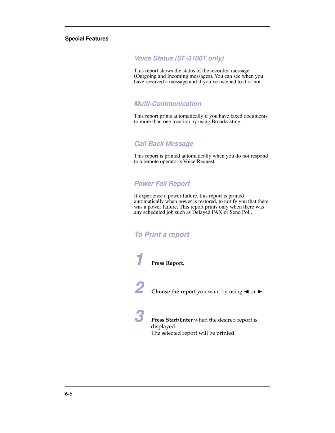 Samsung manual To Print a report, Voice Status SF-3100T only, Multi-Communication, Call Back Message, Power Fail Report 