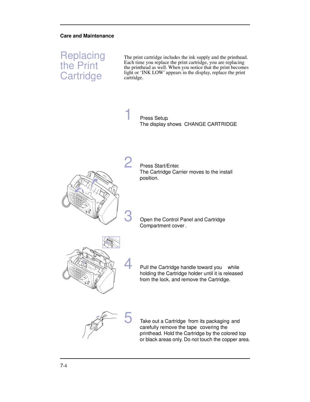 Samsung SF-3100 manual Replacing Print Cartridge, Press Setup 