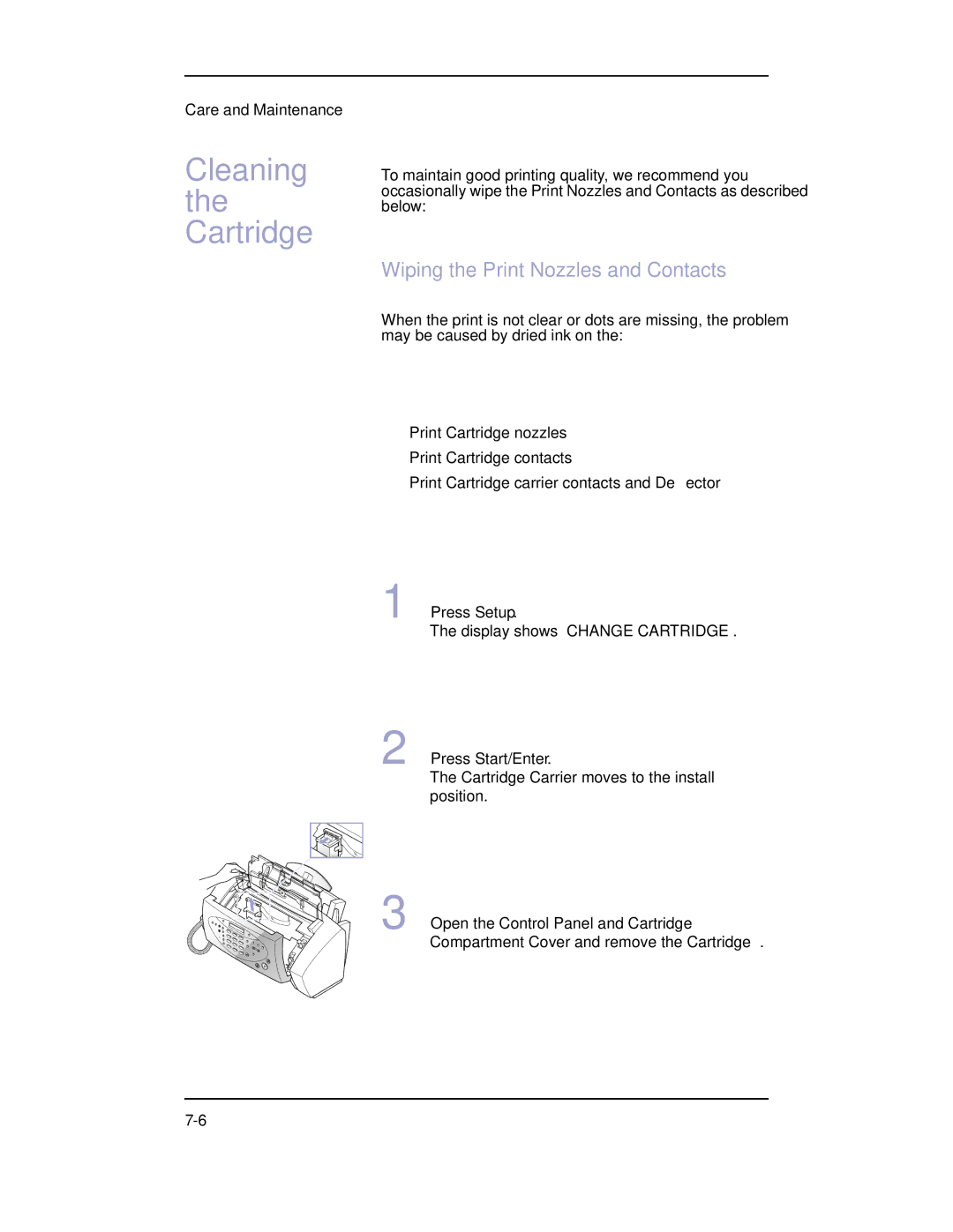 Samsung SF-3100 manual Cleaning the Cartridge, Wiping the Print Nozzles and Contacts 