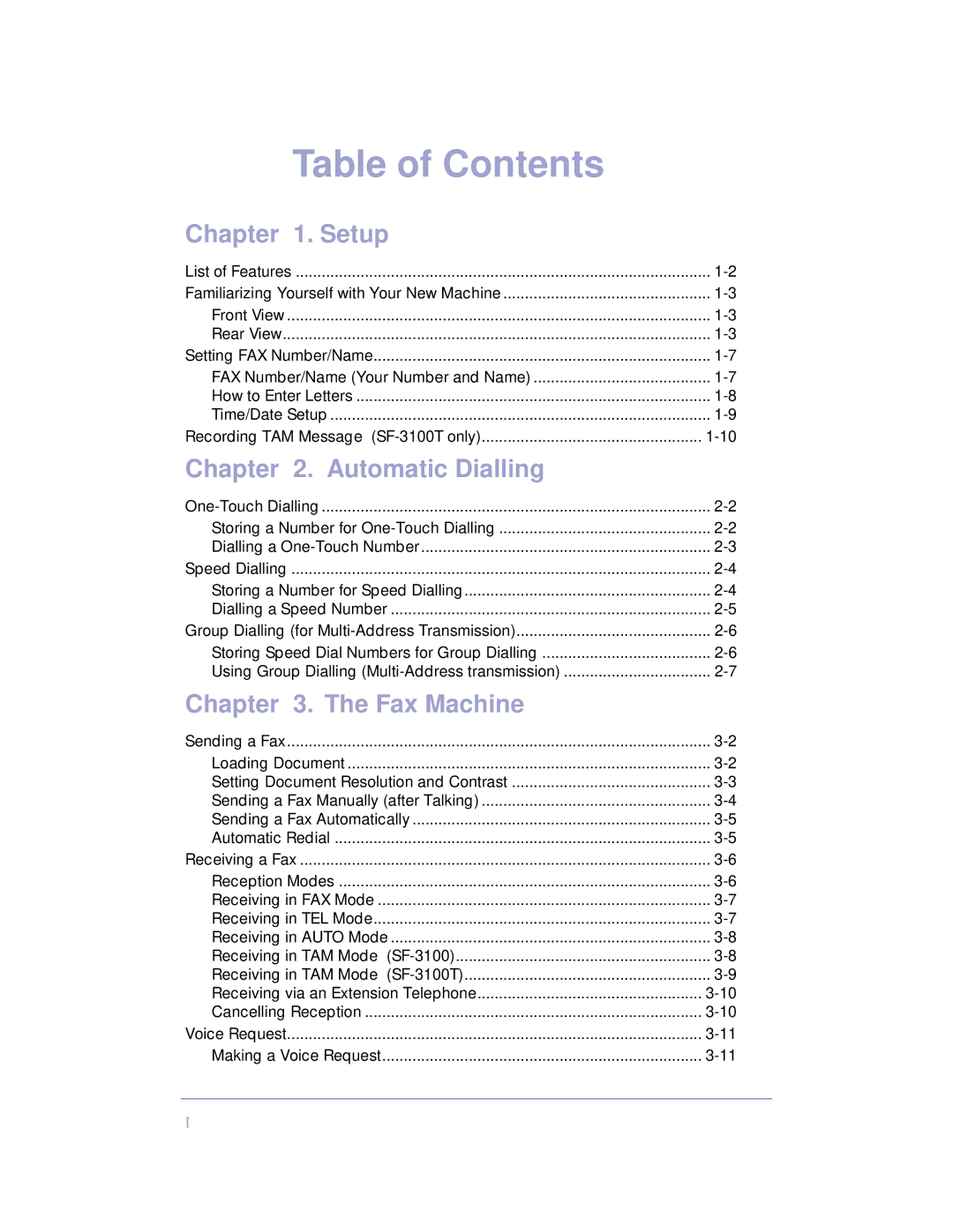 Samsung SF-3100 manual Table of Contents 