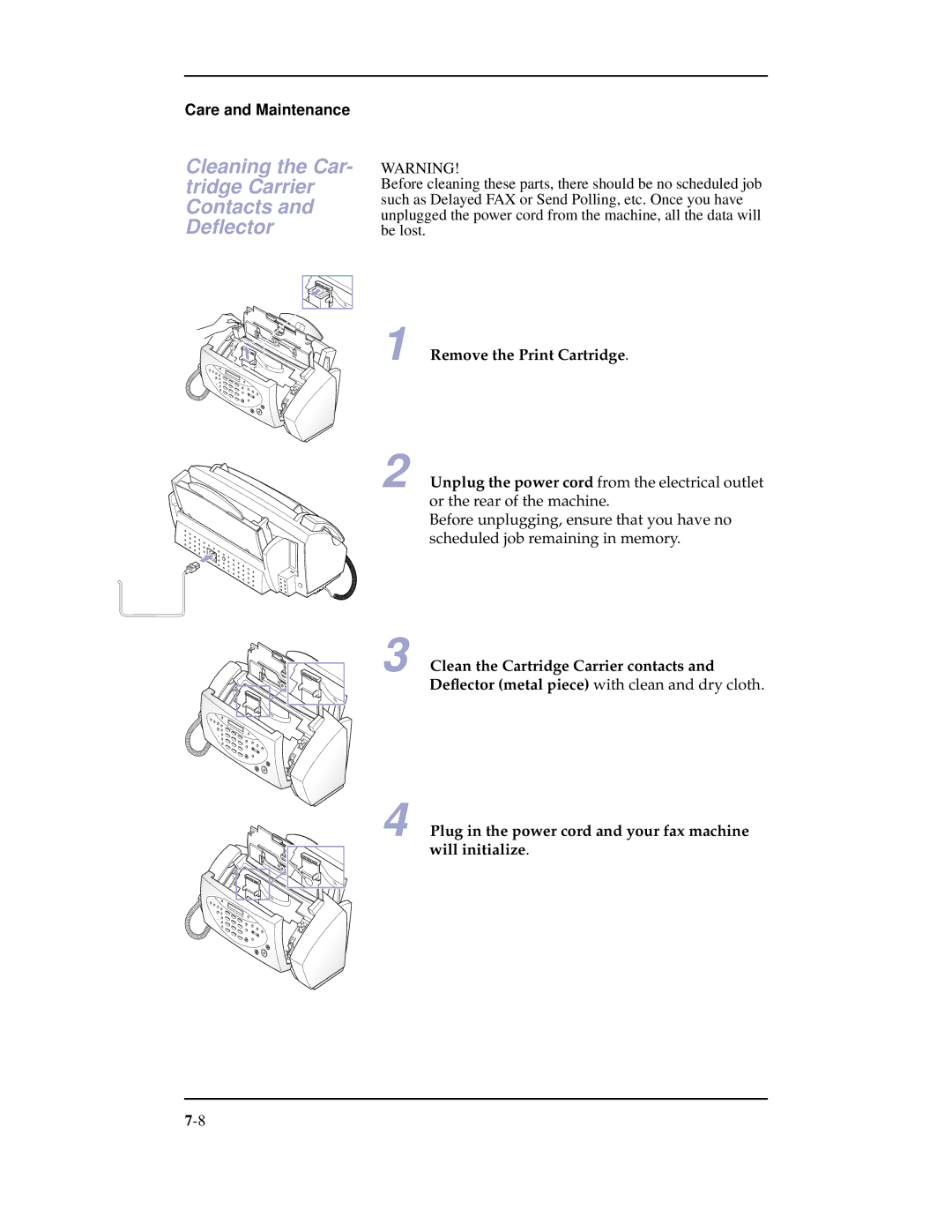 Samsung SF-3100 manual Cleaning the Car- tridge Carrier Contacts and Deﬂector, Remove the Print Cartridge 