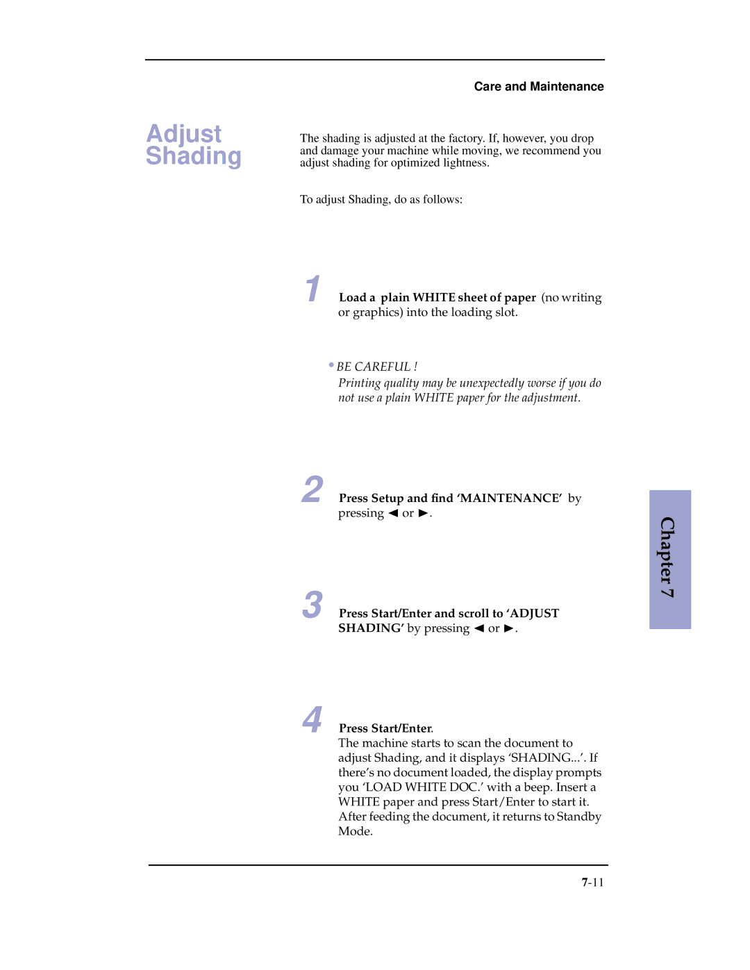 Samsung SF-3100 manual Adjust Shading, Be Careful 