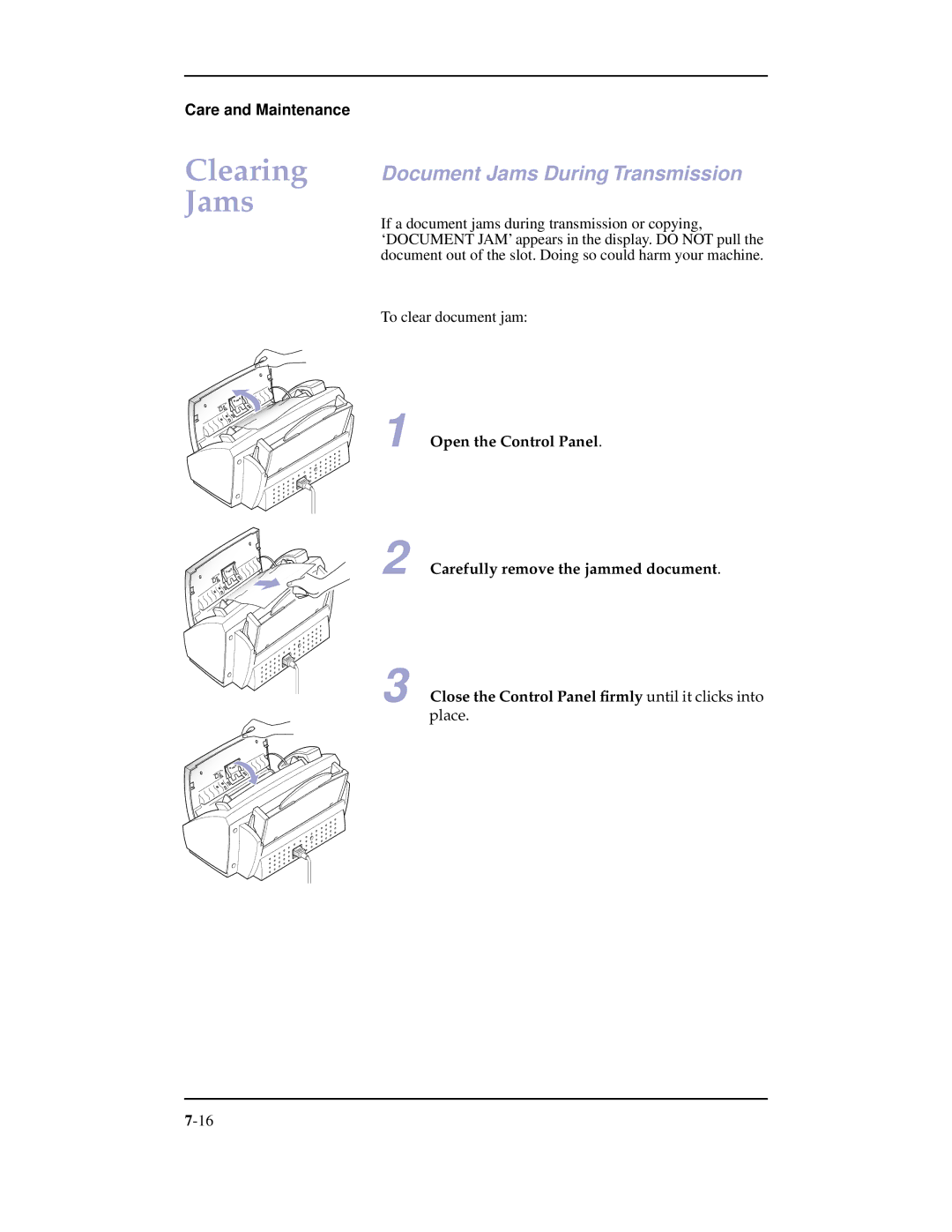 Samsung SF-3100 manual Clearing Jams, Document Jams During Transmission 