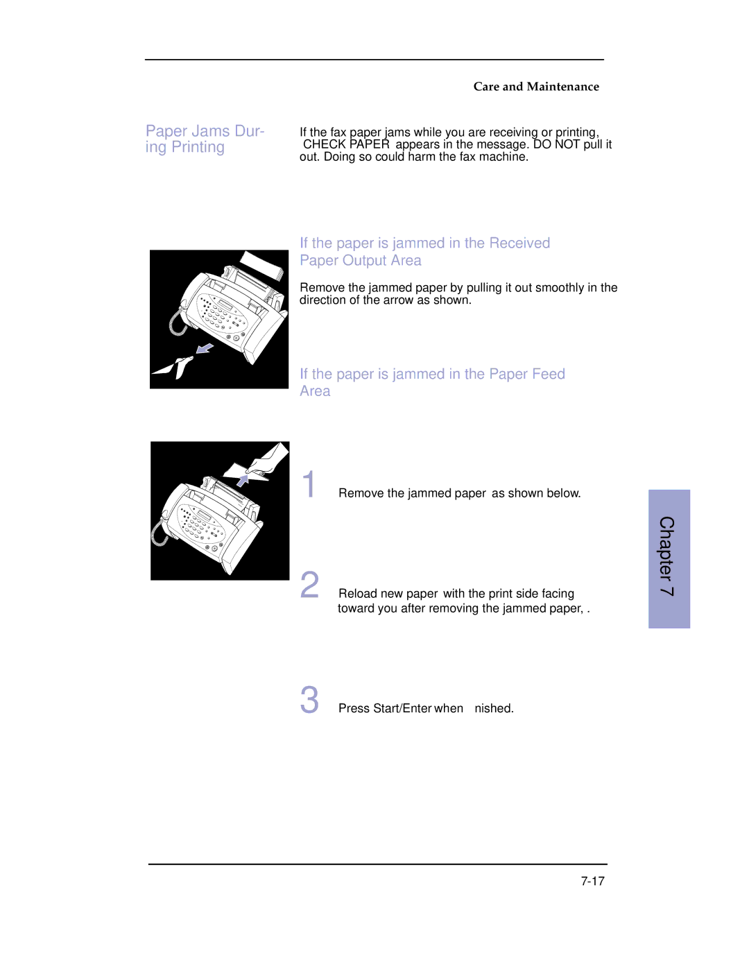 Samsung SF-3100 manual Paper Jams Dur- ing Printing, If the paper is jammed in the Received Paper Output Area 