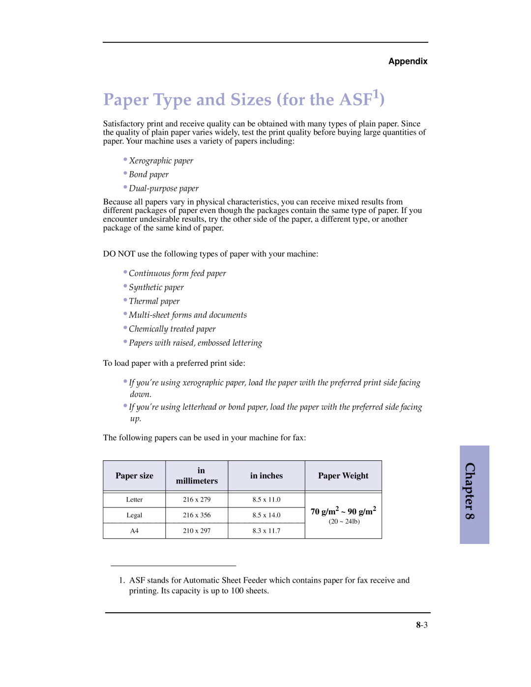 Samsung SF-3100 manual Paper Type and Sizes for the ASF1, Paper size Inches Paper Weight Millimeters, 70 g/m 2 ~ 90 g/m 